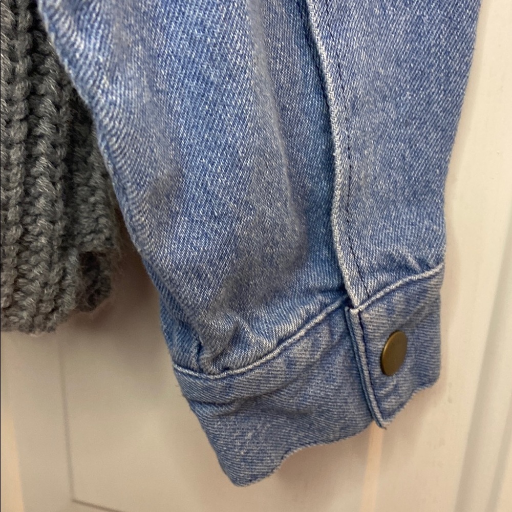 Say What? Size Large Gray Knit Sweater Top with Denim Sleeves - Picture 6 of 9